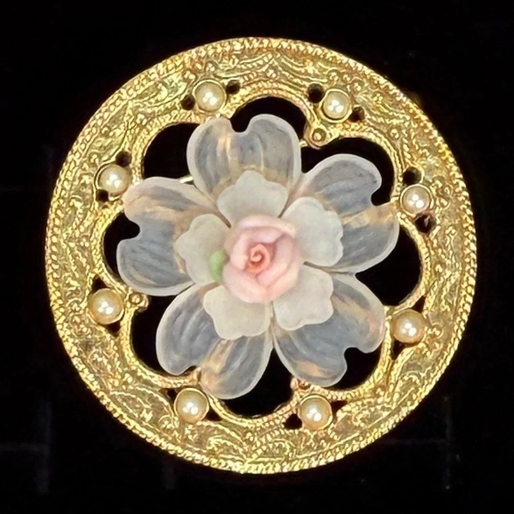 Vintage Floral Gold Tone Filigree Brooch Pink Rose Faux Pearls